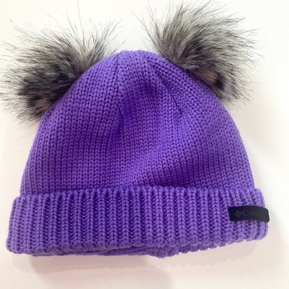 Columbia EUC, girl's Snow Problem beanie purple knit w/fleece lining with "ears" - Picture 1 of 4